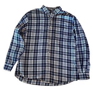 LL Bean Men’s Medium 100% Cotton Navy Tan White Plaid Long Sle Button Down Shirt